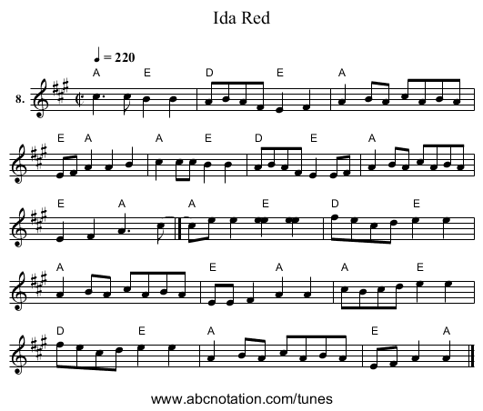 Ida Red - staff notation