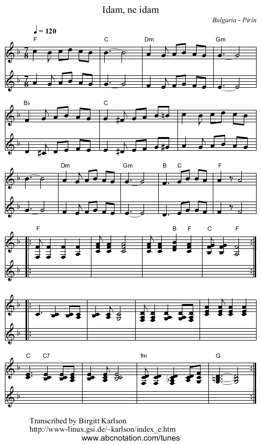 Idam, ne idam - staff notation