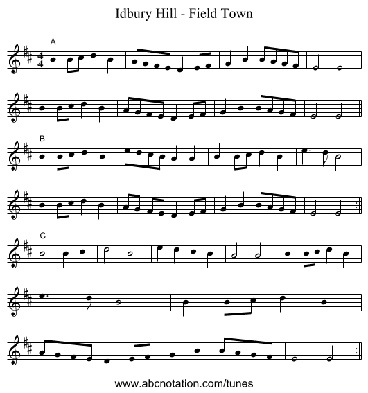 Idbury Hill - Field Town - staff notation