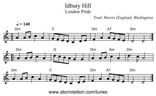 Idbury Hill - staff notation