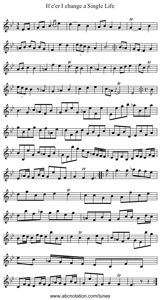 If e'er I change a Single Life - staff notation