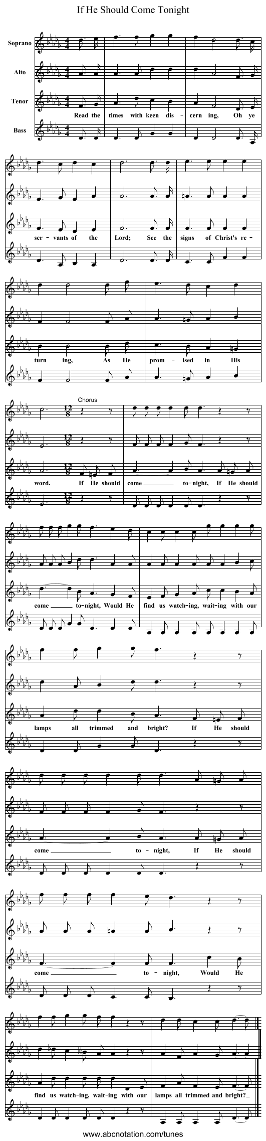 If He Should Come Tonight - staff notation