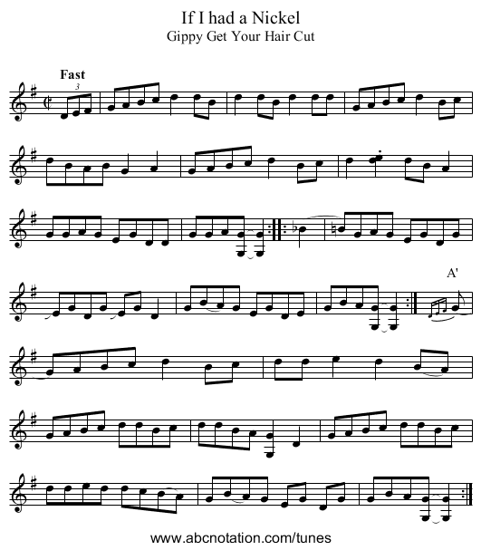 If I had a Nickel - staff notation