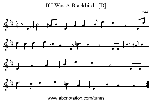 If I Was A Blackbird   [D] - staff notation