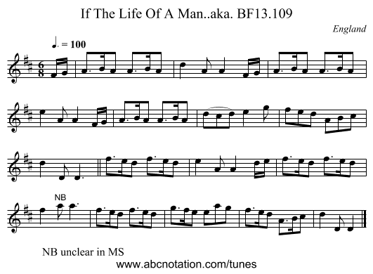 If The Life Of A Man..aka. BF13.109 - staff notation