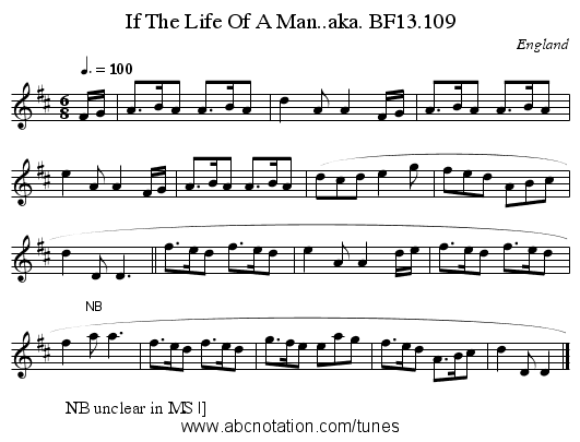 If The Life Of A Man..aka. BF13.109 - staff notation