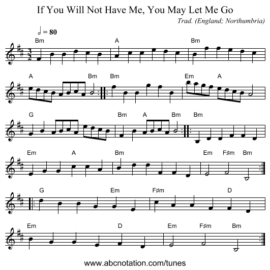 If You Will Not Have Me, You May Let Me Go - staff notation