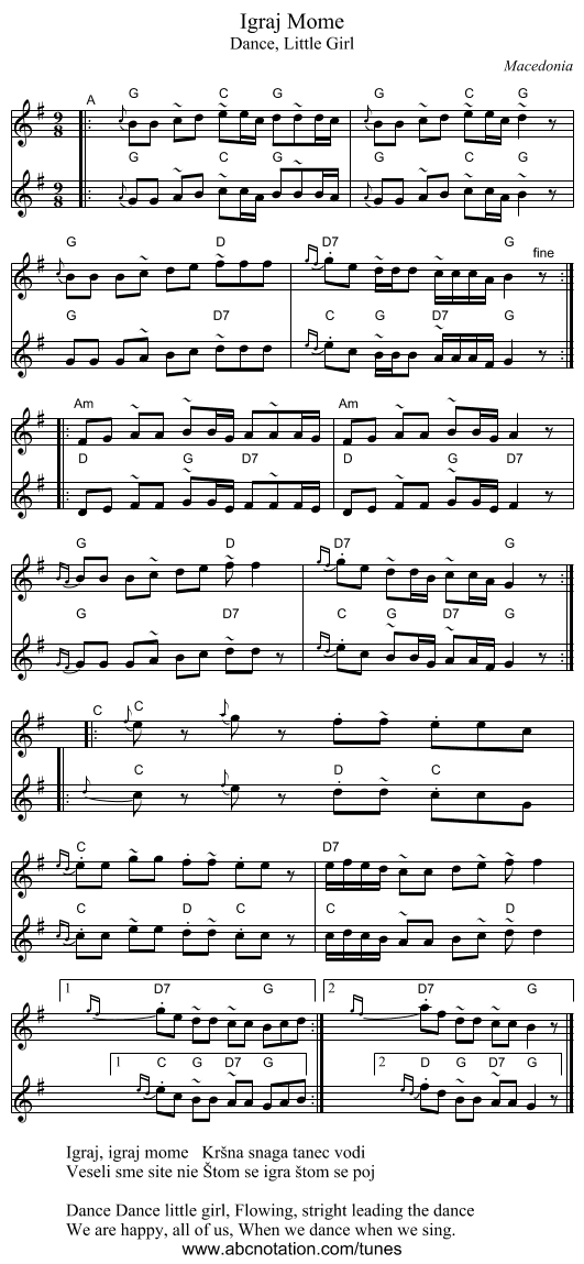 Igraj Mome - staff notation