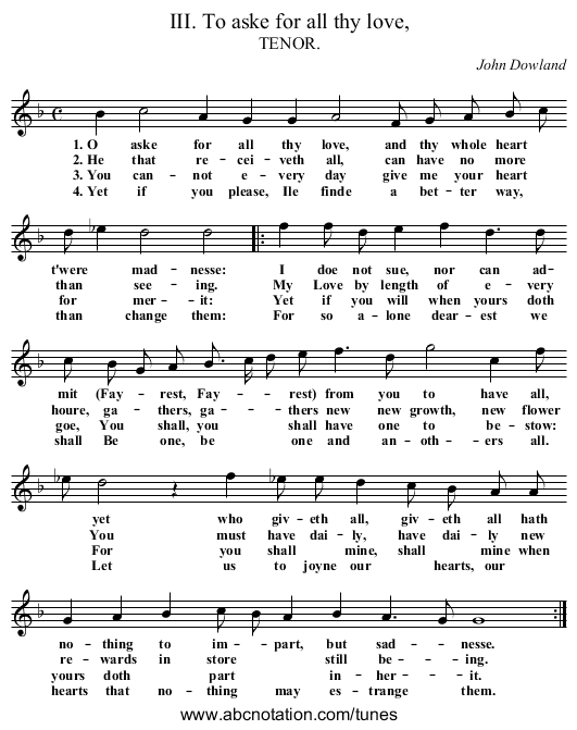 III. To aske for all thy love, - staff notation