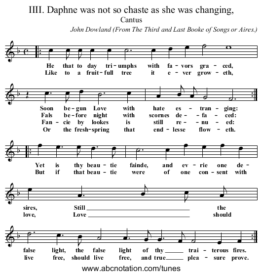 IIII. Daphne was not so chaste as she was changing, - staff notation