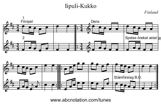 Iipuli-Kukko - staff notation