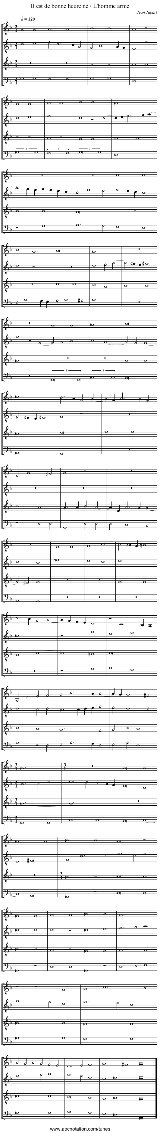 Il est de bonne heure n&eacute; / L'homme arm&eacute; - staff notation