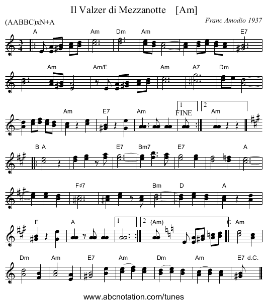 Il Valzer di Mezzanotte    [Am] - staff notation