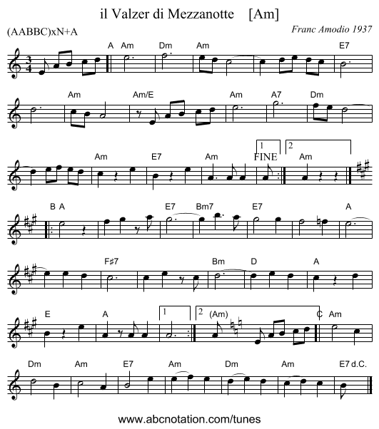 il Valzer di Mezzanotte    [Am] - staff notation