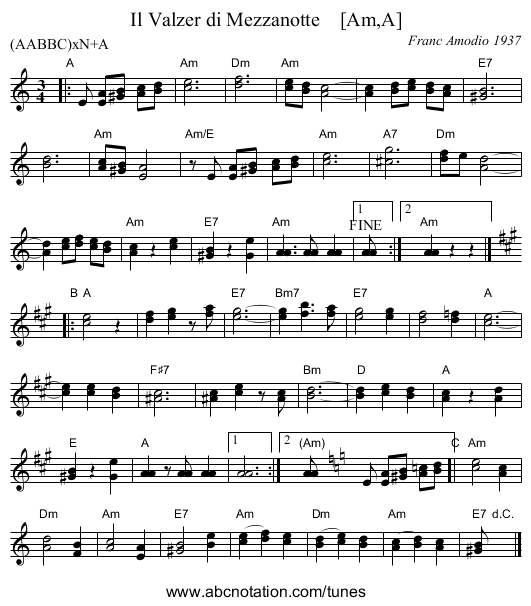 Il Valzer di Mezzanotte    [Am,A] - staff notation