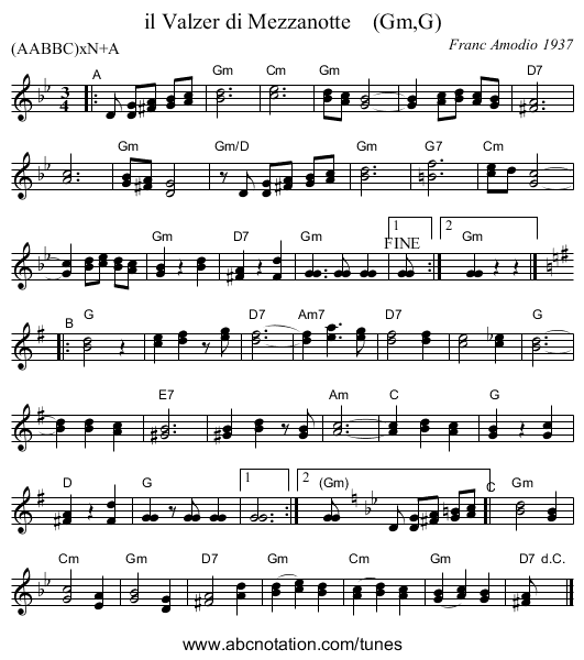 il Valzer di Mezzanotte    (Gm,G) - staff notation