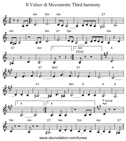 Il Valzer di Mezzanotte Third harmony - staff notation