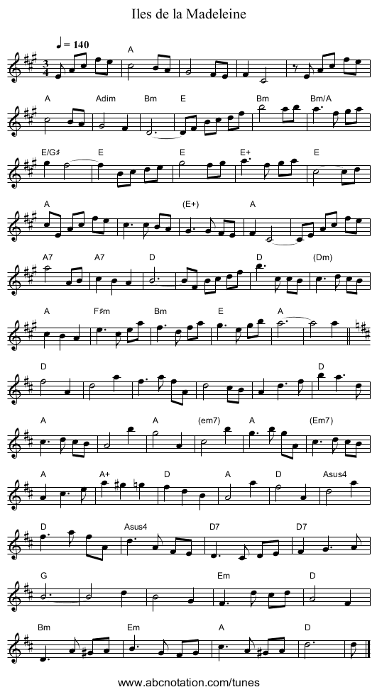Iles de la Madeleine - staff notation