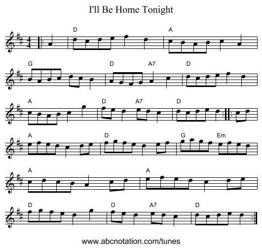 I'll Be Home Tonight - staff notation