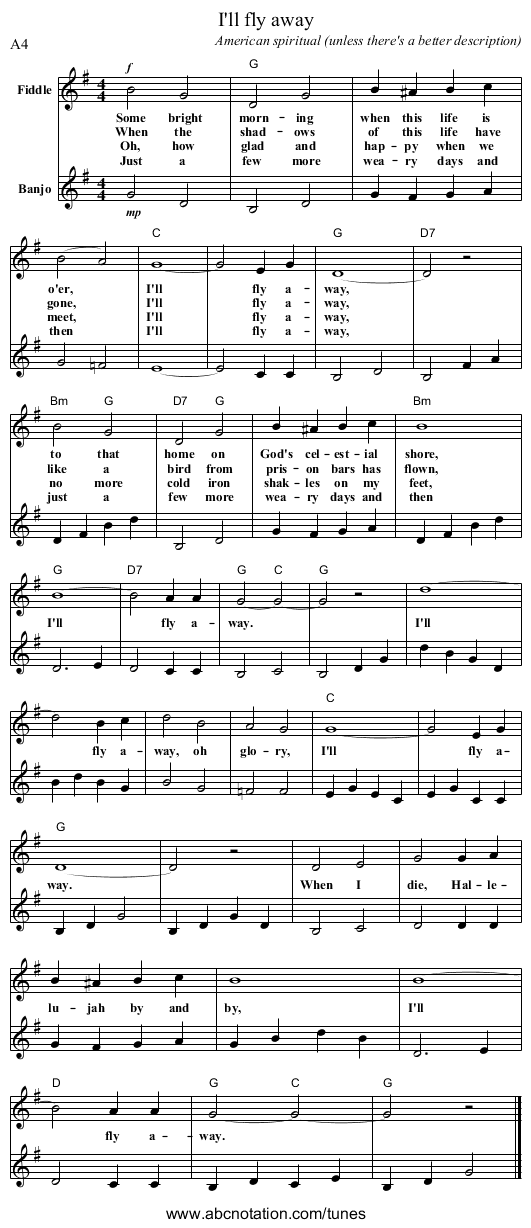 I'll fly away - staff notation