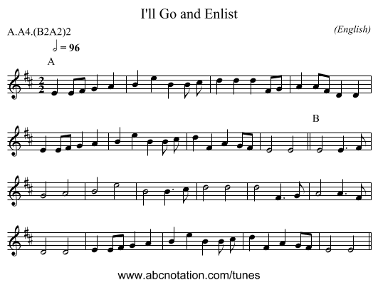 I'll Go and Enlist - staff notation