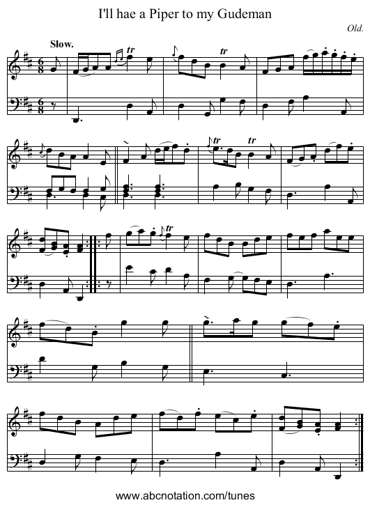 I'll hae a Piper to my Gudeman - staff notation