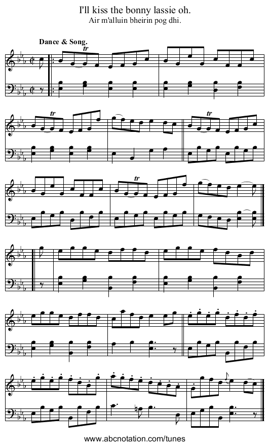 I'll kiss the bonny lassie oh. - staff notation
