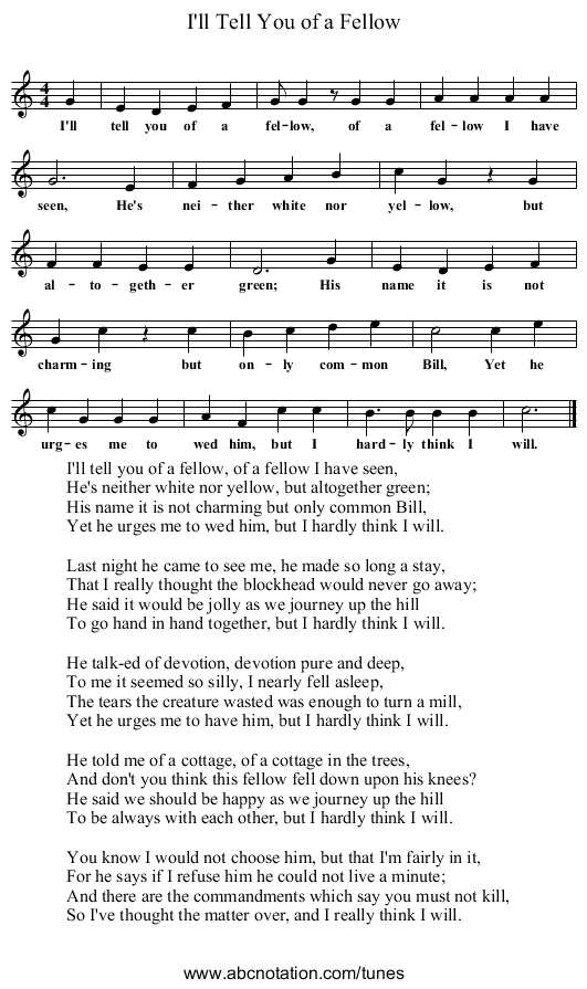 I'll Tell You of a Fellow - staff notation