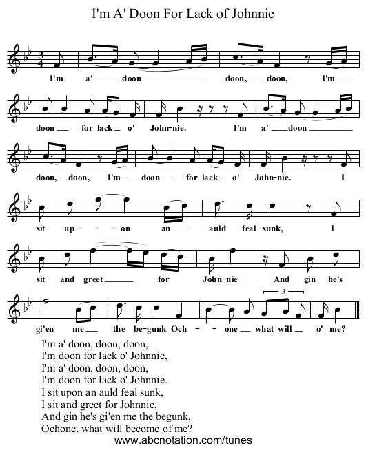 I'm A' Doon For Lack of Johnnie - staff notation