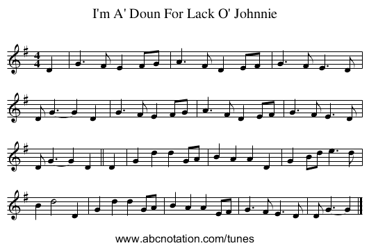 I'm A' Doun For Lack O' Johnnie - staff notation