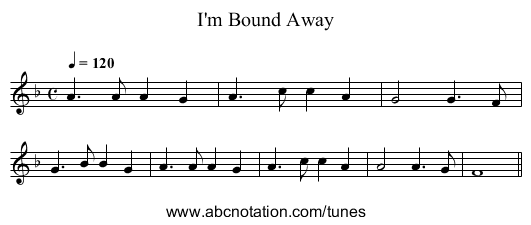 I'm Bound Away - staff notation