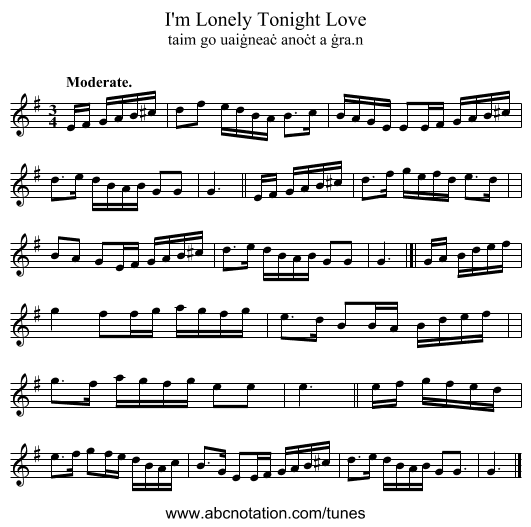 I'm Lonely Tonight Love - staff notation