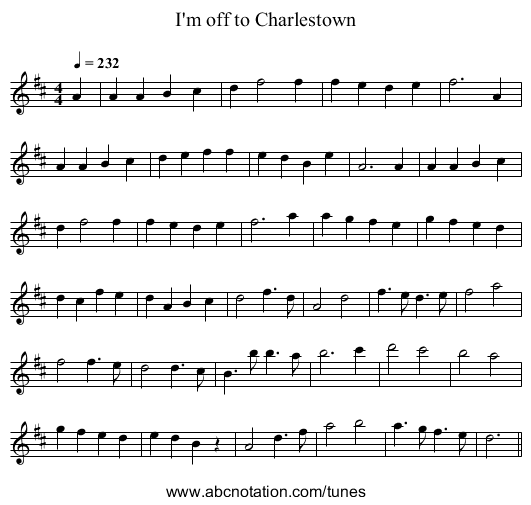 I'm off to Charlestown - staff notation