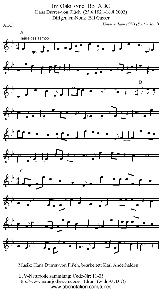 Im Oski syne  Bb  ABC - staff notation