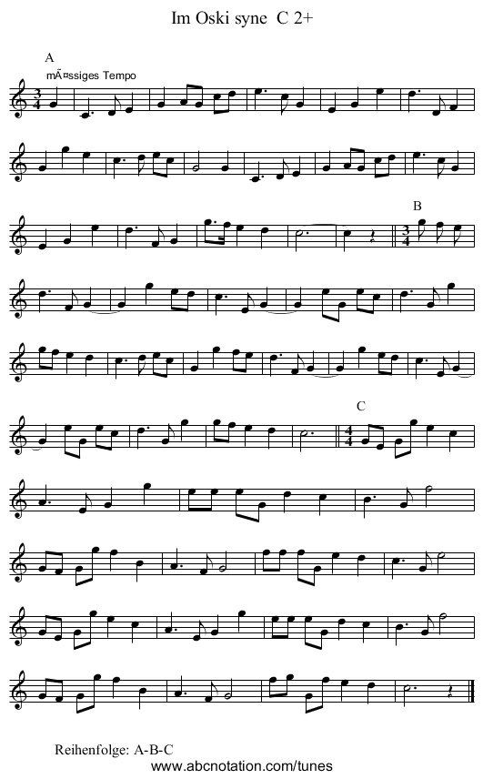 Im Oski syne  C 2+ - staff notation
