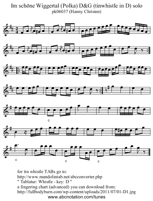 Im schöne Wiggertal (Polka) D&G (tinwhistle in D) solo - staff notation