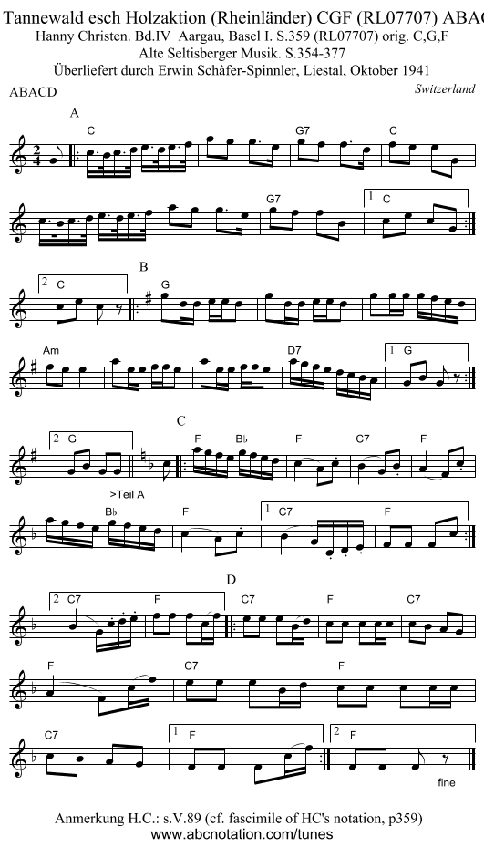 Im Tannewald esch Holzaktion (Rheinländer) CGF (RL07707) ABACD - staff notation