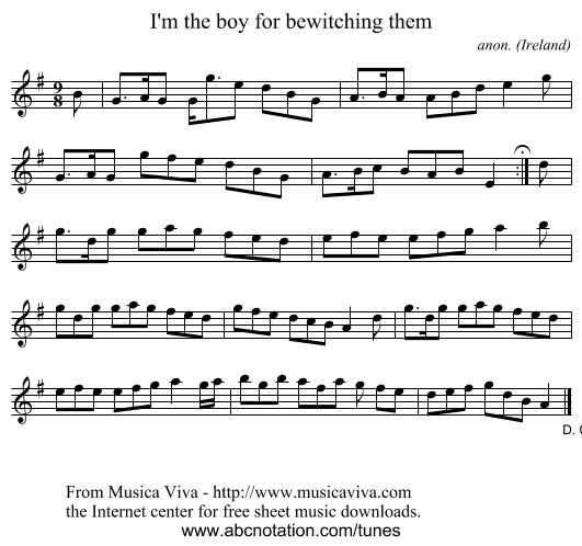 I'm the boy for bewitching them - staff notation