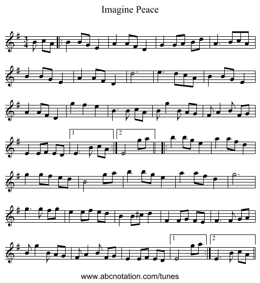 Imagine Peace - staff notation