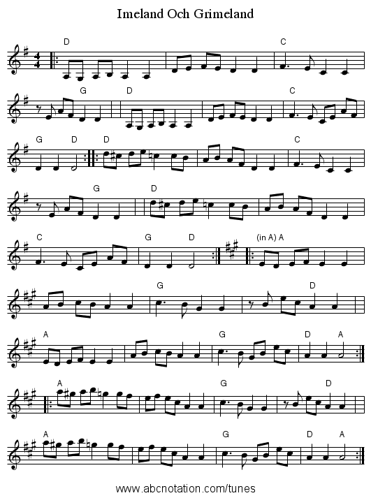 Imeland Och Grimeland - staff notation