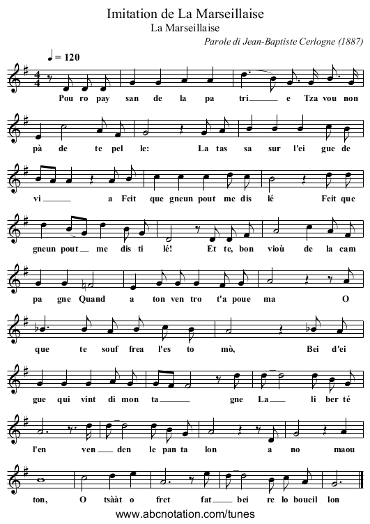 Imitation de La Marseillaise - staff notation