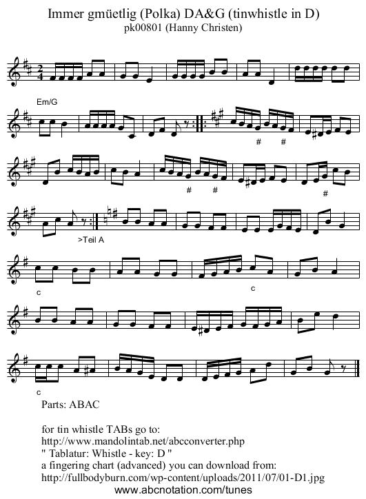 Immer gm&uuml;etlig (Polka) DA&G (tinwhistle in D) - staff notation