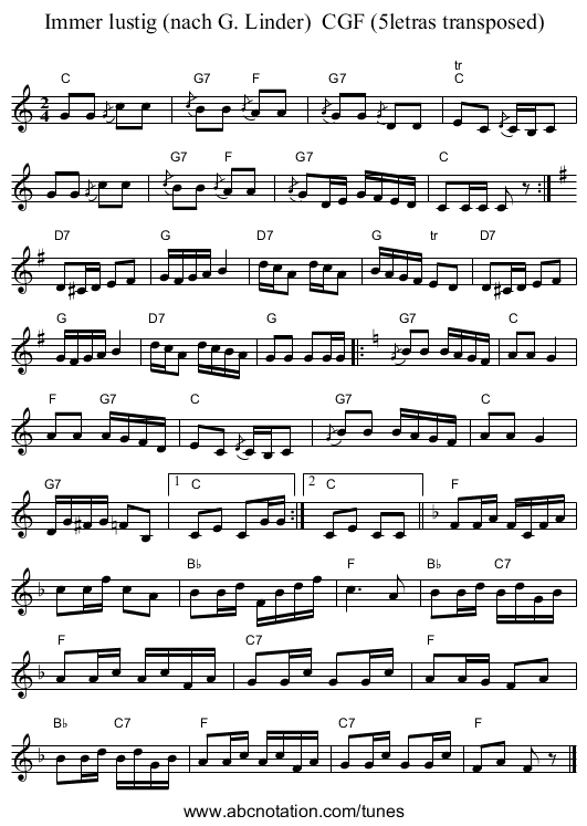 Immer lustig (nach G. Linder)  CGF (5letras transposed) - staff notation