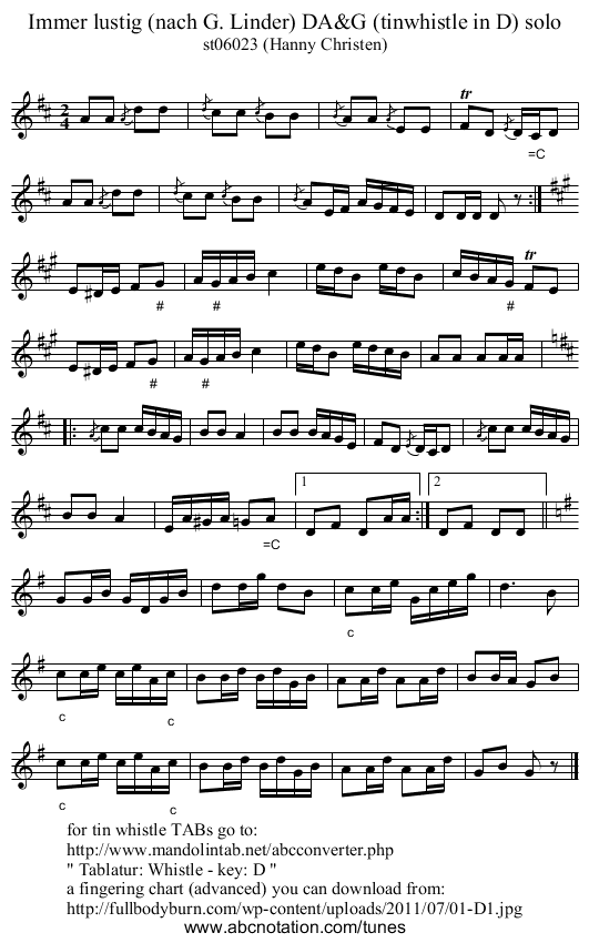 Immer lustig (nach G. Linder) DA&G (tinwhistle in D) solo - staff notation