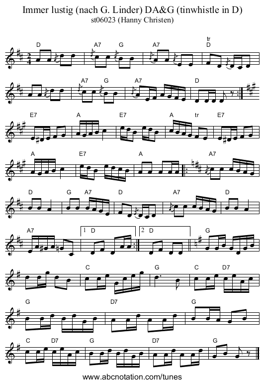 Immer lustig (nach G. Linder) DA&G (tinwhistle in D) - staff notation