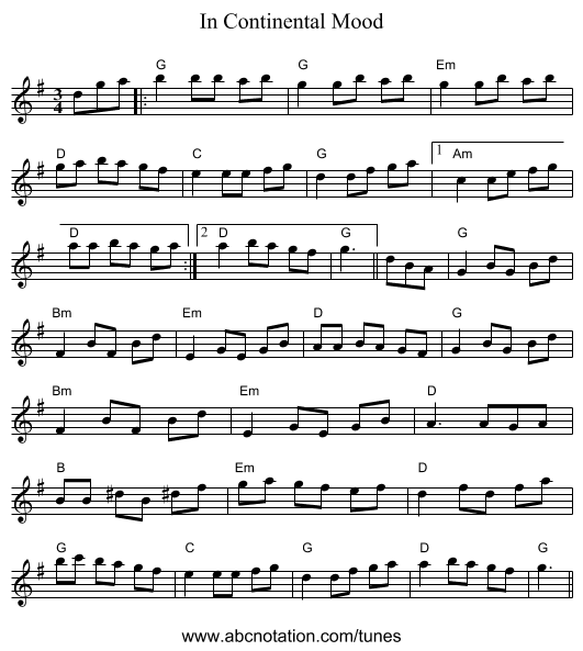 In Continental Mood - staff notation