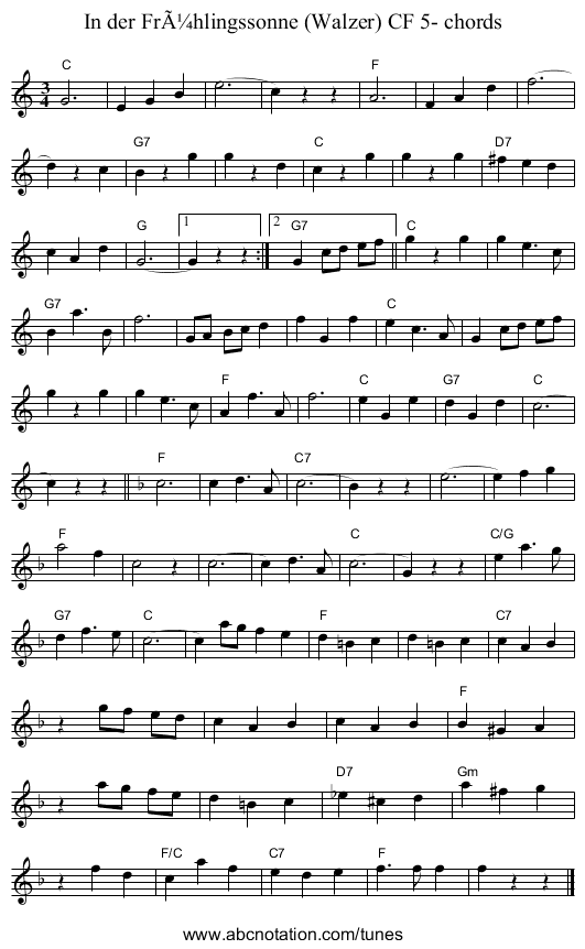 In der FrÃ¼hlingssonne (Walzer) CF 5- chords - staff notation