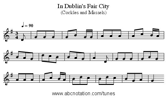 In Dublin's Fair City - staff notation