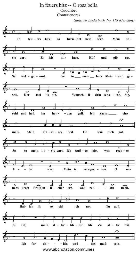 In feuers hitz -- O rosa bella - staff notation