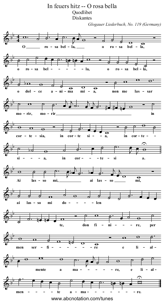 In feuers hitz -- O rosa bella - staff notation